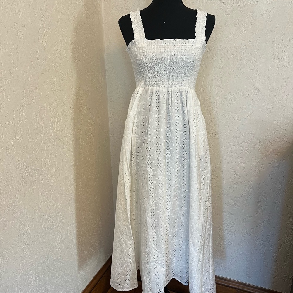 NWT- Aqua White Smocked Tiered Midi Dress